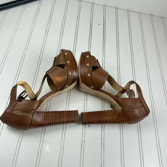 Michael Kors Brown Leather Platform T Strap Chunky Block Heels Women’s Size 7M - Picture 9 of 11